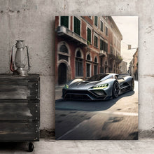 Lade das Bild in den Galerie-Viewer, Aluminiumbild Silberner Sportwagen fährt durch historische Stadtstraße Hochformat