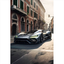 Lade das Bild in den Galerie-Viewer, Leinwandbild Silberner Sportwagen fährt durch historische Stadtstraße Hochformat