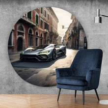 Lade das Bild in den Galerie-Viewer, Aluminiumbild Silberner Sportwagen fährt durch historische Stadtstraße Kreis