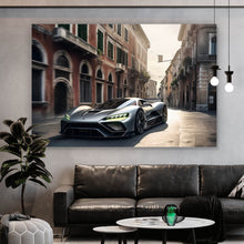 Lade das Bild in den Galerie-Viewer, Aluminiumbild Silberner Sportwagen fährt durch historische Stadtstraße Querformat