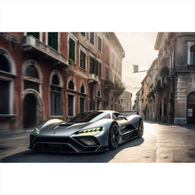 Lade das Bild in den Galerie-Viewer, Leinwandbild Silberner Sportwagen fährt durch historische Stadtstraße Querformat