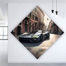 Lade das Bild in den Galerie-Viewer, Leinwandbild Silberner Sportwagen fährt durch historische Stadtstraße Raute