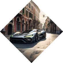 Lade das Bild in den Galerie-Viewer, Leinwandbild Silberner Sportwagen fährt durch historische Stadtstraße Raute