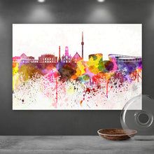 Lade das Bild in den Galerie-Viewer, Aluminiumbild gebürstet Skyline von Stuttgart Aquarell Querformat