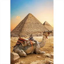 Lade das Bild in den Galerie-Viewer, Spannrahmenbild Sonnenuntergang über Pyramiden mit ruhendem Kamel Hochformat