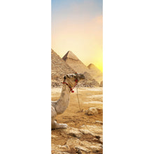 Lade das Bild in den Galerie-Viewer, Aluminiumbild Sonnenuntergang über Pyramiden mit ruhendem Kamel Panorama Hoch