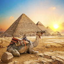 Lade das Bild in den Galerie-Viewer, Spannrahmenbild Sonnenuntergang über Pyramiden mit ruhendem Kamel Quadrat