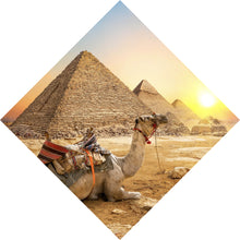 Lade das Bild in den Galerie-Viewer, Aluminiumbild Sonnenuntergang über Pyramiden mit ruhendem Kamel Raute