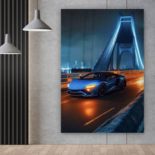Lade das Bild in den Galerie-Viewer, Leinwandbild Sportwagen auf beleuchteter Brücke Hochformat