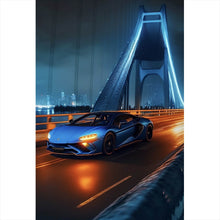 Lade das Bild in den Galerie-Viewer, Leinwandbild Sportwagen auf beleuchteter Brücke Hochformat