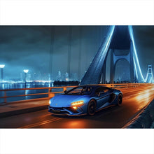 Lade das Bild in den Galerie-Viewer, Leinwandbild Sportwagen auf beleuchteter Brücke Querformat