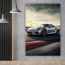 Lade das Bild in den Galerie-Viewer, Aluminiumbild gebürstet Sportwagen auf Rennstrecke bei Sonnenuntergang Hochformat