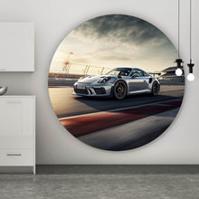 Lade das Bild in den Galerie-Viewer, Aluminiumbild Sportwagen auf Rennstrecke bei Sonnenuntergang Kreis