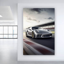 Lade das Bild in den Galerie-Viewer, Aluminiumbild Sportwagen auf Rennstrecke bei Sonnenuntergang No.2 Hochformat