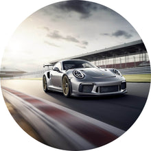 Lade das Bild in den Galerie-Viewer, Aluminiumbild gebürstet Sportwagen auf Rennstrecke bei Sonnenuntergang No.2 Kreis