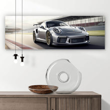 Lade das Bild in den Galerie-Viewer, Aluminiumbild gebürstet Sportwagen auf Rennstrecke bei Sonnenuntergang No.2 Panorama