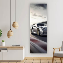 Lade das Bild in den Galerie-Viewer, Leinwandbild Sportwagen auf Rennstrecke bei Sonnenuntergang No.2 Panorama Hoch