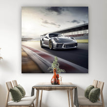 Lade das Bild in den Galerie-Viewer, Spannrahmenbild Sportwagen auf Rennstrecke bei Sonnenuntergang No.2 Quadrat