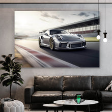 Lade das Bild in den Galerie-Viewer, Leinwandbild Sportwagen auf Rennstrecke bei Sonnenuntergang No.2 Querformat