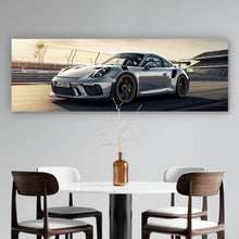 Lade das Bild in den Galerie-Viewer, Aluminiumbild Sportwagen auf Rennstrecke bei Sonnenuntergang Panorama