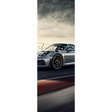 Lade das Bild in den Galerie-Viewer, Aluminiumbild gebürstet Sportwagen auf Rennstrecke bei Sonnenuntergang Panorama Hoch