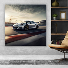 Lade das Bild in den Galerie-Viewer, Acrylglasbild Sportwagen auf Rennstrecke bei Sonnenuntergang Quadrat