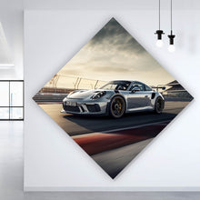 Lade das Bild in den Galerie-Viewer, Poster Sportwagen auf Rennstrecke bei Sonnenuntergang Raute