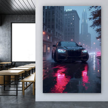 Lade das Bild in den Galerie-Viewer, Acrylglasbild Sportwagen bei Nacht auf regennasser Straße Hochformat