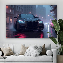 Lade das Bild in den Galerie-Viewer, Aluminiumbild gebürstet Sportwagen bei Nacht auf regennasser Straße Querformat