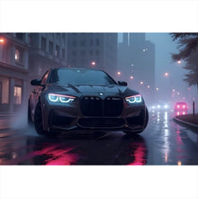 Lade das Bild in den Galerie-Viewer, Spannrahmenbild Sportwagen bei Nacht auf regennasser Straße Querformat