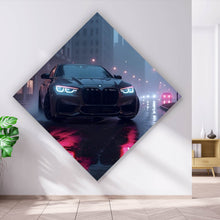 Lade das Bild in den Galerie-Viewer, Acrylglasbild Sportwagen bei Nacht auf regennasser Straße Raute