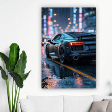 Lade das Bild in den Galerie-Viewer, Leinwandbild Sportwagen bei Nacht im Regen auf nasser Straße Hochformat