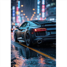 Lade das Bild in den Galerie-Viewer, Leinwandbild Sportwagen bei Nacht im Regen auf nasser Straße Hochformat