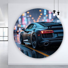 Lade das Bild in den Galerie-Viewer, Aluminiumbild Sportwagen bei Nacht im Regen auf nasser Straße Kreis