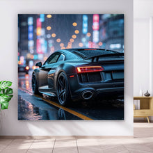 Lade das Bild in den Galerie-Viewer, Leinwandbild Sportwagen bei Nacht im Regen auf nasser Straße Quadrat