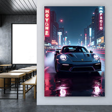 Lade das Bild in den Galerie-Viewer, Leinwandbild Sportwagen bei Nacht in neonbeleuchteter Stadtstraße Hochformat
