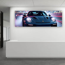 Lade das Bild in den Galerie-Viewer, Leinwandbild Sportwagen bei Nacht in neonbeleuchteter Stadtstraße Panorama