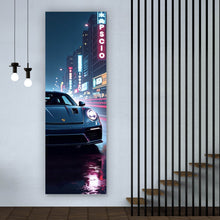 Lade das Bild in den Galerie-Viewer, Aluminiumbild Sportwagen bei Nacht in neonbeleuchteter Stadtstraße Panorama Hoch