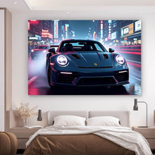 Lade das Bild in den Galerie-Viewer, Leinwandbild Sportwagen bei Nacht in neonbeleuchteter Stadtstraße Querformat