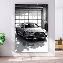 Lade das Bild in den Galerie-Viewer, Aluminiumbild Sportwagen in einer Werkstatt vor Garagentor Hochformat