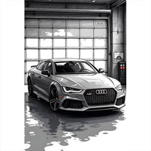 Lade das Bild in den Galerie-Viewer, Leinwandbild Sportwagen in einer Werkstatt vor Garagentor Hochformat