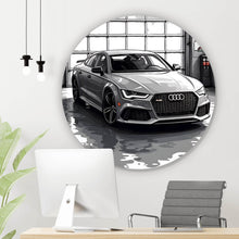 Lade das Bild in den Galerie-Viewer, Aluminiumbild Sportwagen in einer Werkstatt vor Garagentor Kreis