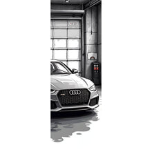 Lade das Bild in den Galerie-Viewer, Leinwandbild Sportwagen in einer Werkstatt vor Garagentor Panorama Hoch