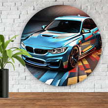 Lade das Bild in den Galerie-Viewer, Aluminiumbild Sportwagen in farbenfroher dynamischer Komposition Kreis