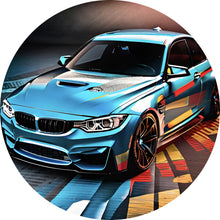 Lade das Bild in den Galerie-Viewer, Aluminiumbild gebürstet Sportwagen in farbenfroher dynamischer Komposition Kreis
