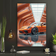 Lade das Bild in den Galerie-Viewer, Leinwandbild Sportwagen in futuristischem orangefarbenen Halle Hochformat