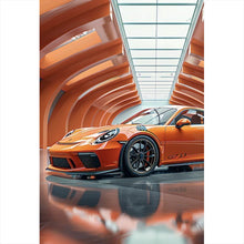 Lade das Bild in den Galerie-Viewer, Aluminiumbild gebürstet Sportwagen in futuristischem orangefarbenen Halle Hochformat
