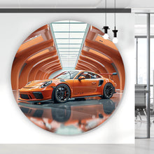 Lade das Bild in den Galerie-Viewer, Aluminiumbild Sportwagen in futuristischem orangefarbenen Halle Kreis