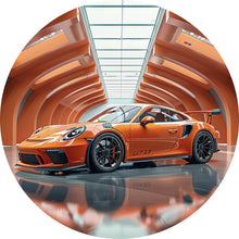 Lade das Bild in den Galerie-Viewer, Aluminiumbild Sportwagen in futuristischem orangefarbenen Halle Kreis