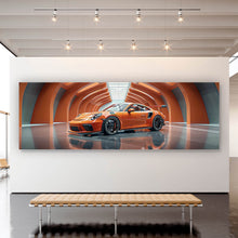 Lade das Bild in den Galerie-Viewer, Aluminiumbild gebürstet Sportwagen in futuristischem orangefarbenen Halle Panorama